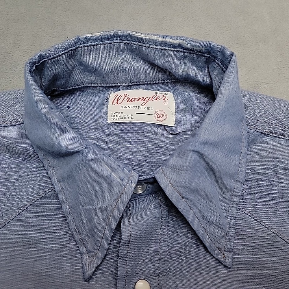 VTG Wrangler Western Pearl Snap Shirt Mens 16.5 Blue Cowboy Workwear Made In USA - Picture 7 of 10